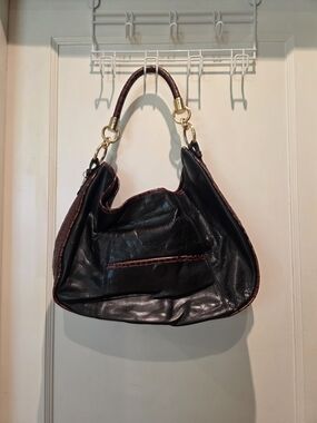 Brahmin Black Leather  Shoulder Bag with Brown Printed Trim Gold Hardware